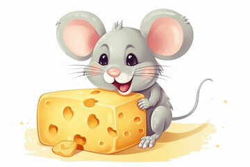 Illustration of a funny little mouse with a piece of cheese on a white background. Mouse and cheese slice with space for text