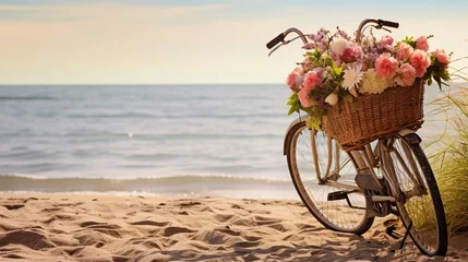 Poster Vantage bicycle leaning against sea at beach in morning, Wicker basket with artificial flowers on the bike © Areesha