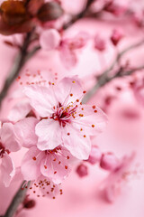 Blooming branches on pink background, closeup