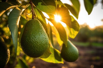Ripe avocado hanging on tree branch close-up. Healthy organic fruit, avocado plantation at sunset. Growing Avocado