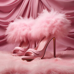 Pink high heel sandals and feather decoration, feminine, party outfit.