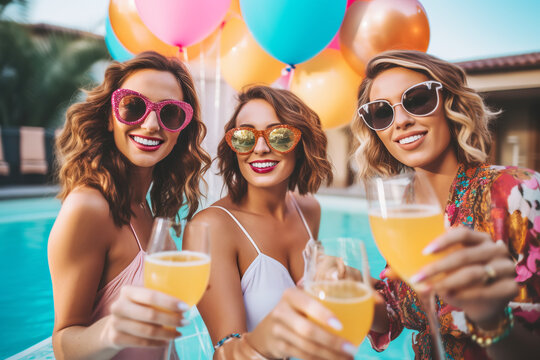 Bride with bridesmaids having fun and celebrating bachelorette party in pool