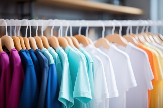 Close-up of colorful bright T-shirts hanging on wooden hangers on a rack in a store. Fashion, clothing, modern basic t-shirt, sale concept, discounts
