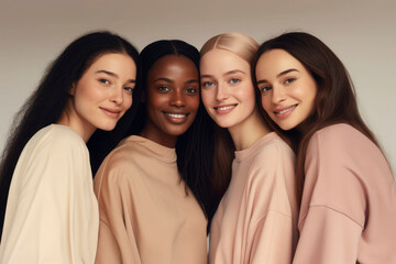 Four beautiful girls models of different races and appearances in beige clothes on gray beige background. Natural beauty, girls of different ethnic cultures, friendship of peoples