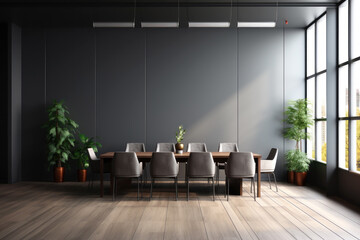 Modern minimalist interior of an office meeting room in the style of grey walls and wooden floor - obrazy, fototapety, plakaty