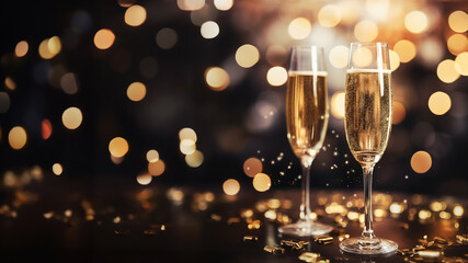 A festive celebration with sparkling wine and glittery decorations, With copyspace.