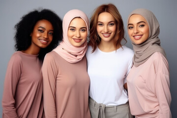 Girls of different races, African American, Muslim, Caucasian, smile on plain gray background. Models of different religions and cultures, natural beauty of women