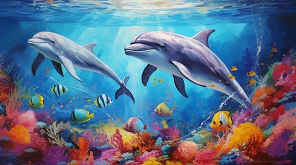 Group of dolphins in colorful underwater
