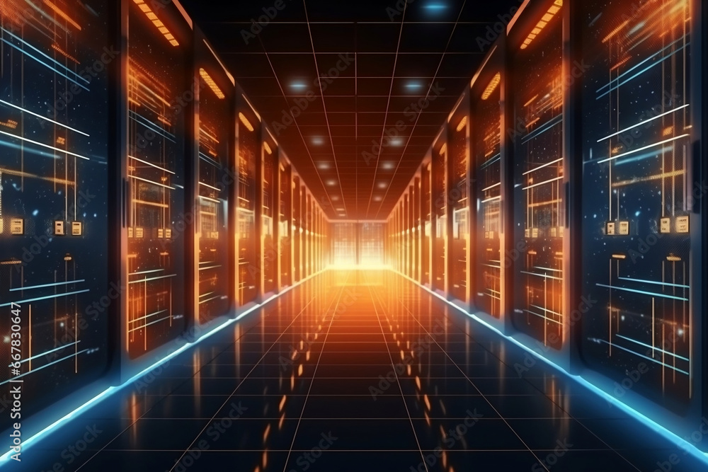 Poster data center in the night data processing with server room