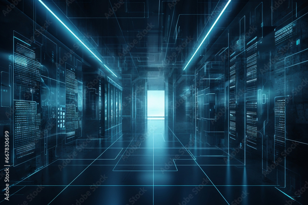 Poster tunnel of light data processing with server room