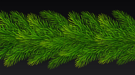 Christmas border of realistic fir tree branches on black background. Christmas tree branches frame for greeting New Year and Christmas cards, banners, invitations. Vector illustration