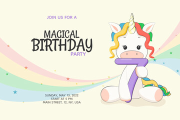 7 years Magical kids birthday party invitation with cute rainbow unicorn