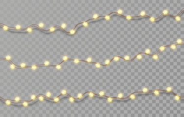 Electric garlands with yellow light bulbs. Christmas lights isolated on transparent background. Holiday decorations with glowing lights for Christmas, New Year, party, event. Vector illustration