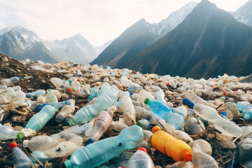 Garbage from dirty plastic bottles in the mountains. Environmental pollution after tourists. Ecological problem