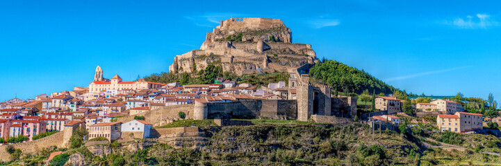Morella Spain panoramic view of beautiful hilltop town with castle and church Castellon Province,...