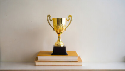 gold trophy sits on top of books