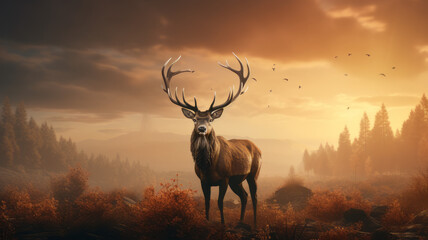 Majestic Deer Roaring in Misty Field Wildlife Photography