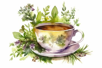 Obraz na płótnie Canvas Watercolor Herbal Tea Cup with Fresh Herbs on White Background. AI generated