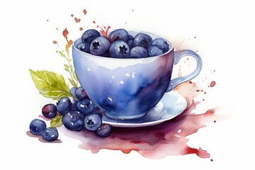 Watercolor Hot Blueberry Tea Cup on White Background. AI generated
