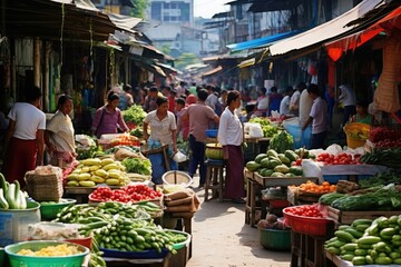 Obraz premium A bustling market with vendors selling fresh produce and local goods.