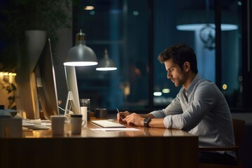 Fototapeta premium A dedicated professional working late in a modern office space productivity.
