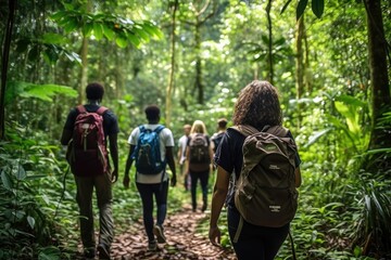 A diverse group of people hiking in a lush forest showcasing unity and nature.
