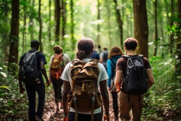A diverse group of people hiking in a lush forest showcasing unity and nature.