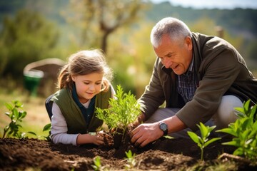 A grandparent and grandchild gardening side by side nurturing plants together. - Powered by Adobe