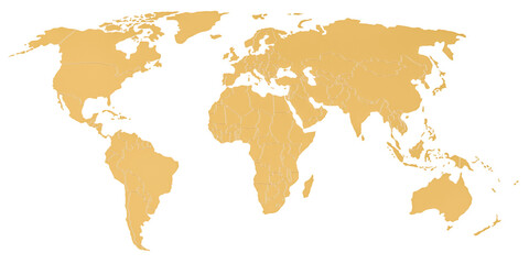 Golden map of Earth, 3D rendering isolated on transparent background