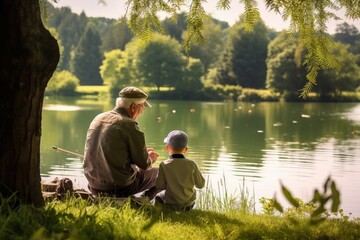 A grandparent teaching a grandchild to fish by the tranquil lake. - obrazy, fototapety, plakaty