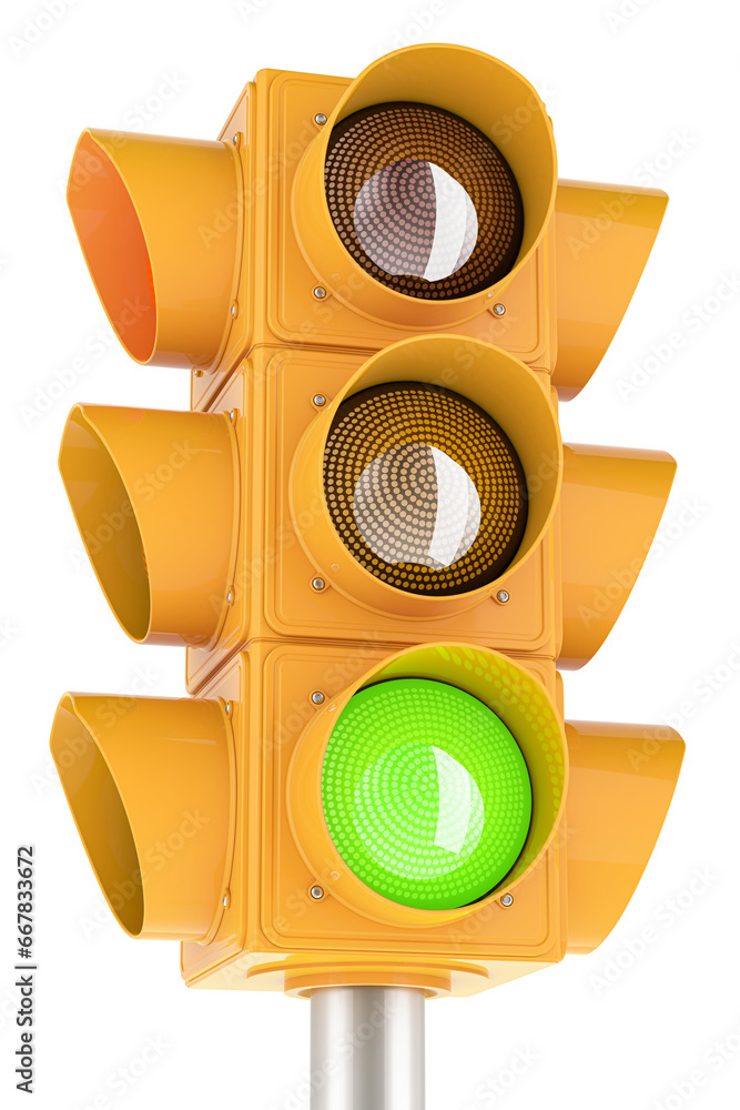 Poster yellow traffic signal with green color, 3d rendering isolated on transparent background
