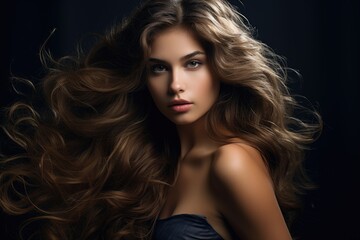 A sensuous lady with flowing hair and a sultry expression with radiating charm.