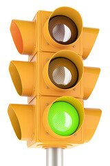 Yellow traffic signal with green color, 3D rendering isolated on transparent background