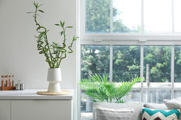 Vase with green bamboo stems on table near window
