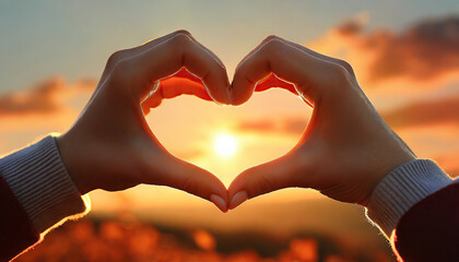 Fototapeta premium hand is making a heart gesture against an autumn sunset sky