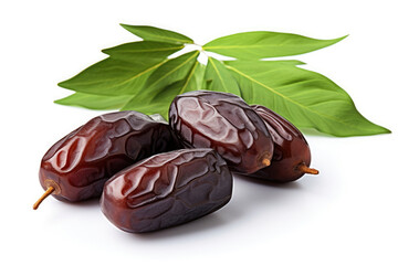 Ripe appetizing dates with green leaves on a white background