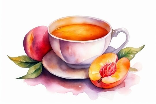 Watercolor Hot Peach Tea Cup on White Background. AI generated