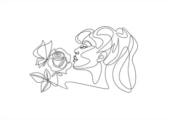 Beautiful woman face with rose and butterfly. Abstract composition hand draw continuous line. Hand-drawn vector line-art illustration. One Line style drawing.