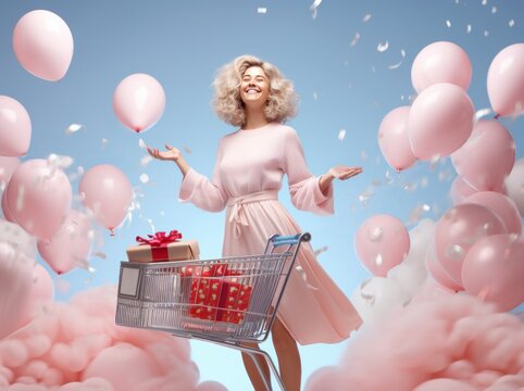A smiling woman stands in the midst of pink clouds with shopping carts full of gifts, surrounded by balloons.