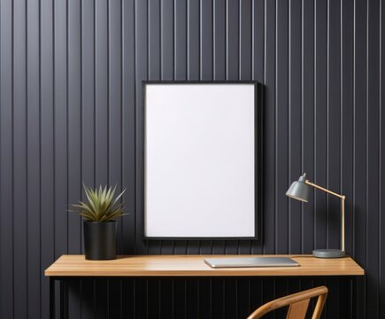 Wall art empty picture frame mockup on wooden desk, wall, table. Vase with olive branches, cactus. Elegant working space, home office concept.