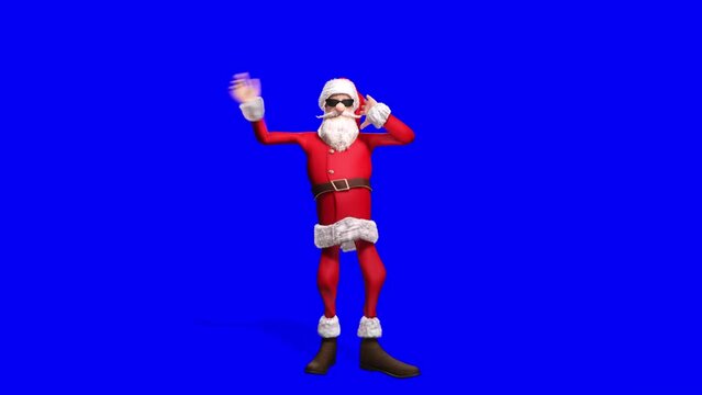 happy santa is doing a macarena dance in 90s disco style in a blue chroma key background