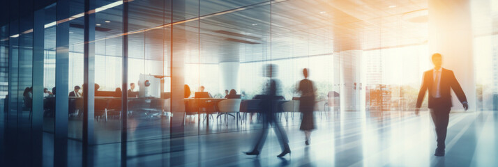 Blurred business people walking in de focused modern office background. Coworkers at sunny open space industrial interior - Powered by Adobe