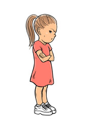 Offended little girl. Stubborn pose. Dissatisfied child. conflict and communication difficulties. Cartoon vector illustration isolated on white background. Hand drawn line