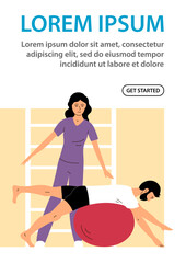 Physical rehabilitation clinic. Doctor woman and patient man. Balance on the ball. Therapy and exercise. Kinesiology and physiotherapy. Flat vector illustration. Design for website, poster