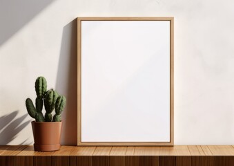 Wall art empty picture frame mockup on wooden desk, wall, table. Vase with olive branches, cactus. Elegant working space, home office concept.