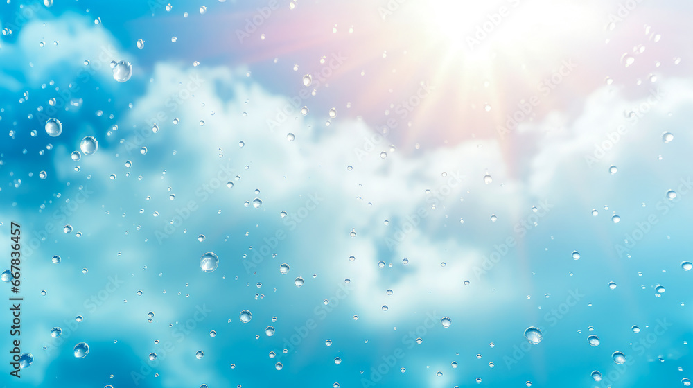 Poster rain drops on window glass, abstract background with bokeh effect