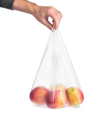 Man hand holding a plastic bag with red apples.