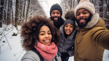 Fototapeta premium copy space, stockphoto, black family taking a selfie while walking in a winter landscape. Happy family with parents, boy, girl. Togetherness. Happy family walking outdoors during winter time.