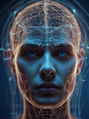 Representation of a human face with neural connections that simulate brain and cognitive processes.