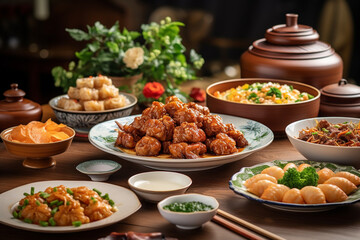 Obraz premium A family reunion dinner featuring traditional Chinese dishes, love and creativity with copy space